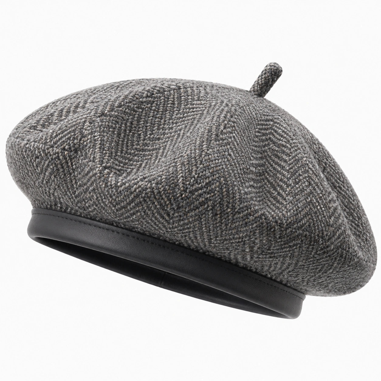 Béret taille unique en tissu texturé gris avec bord noir style classique