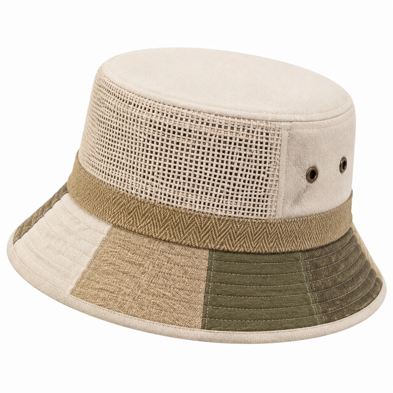 Chapeau bob taille unique en textile tissé beige kaki - style patchwork aéré