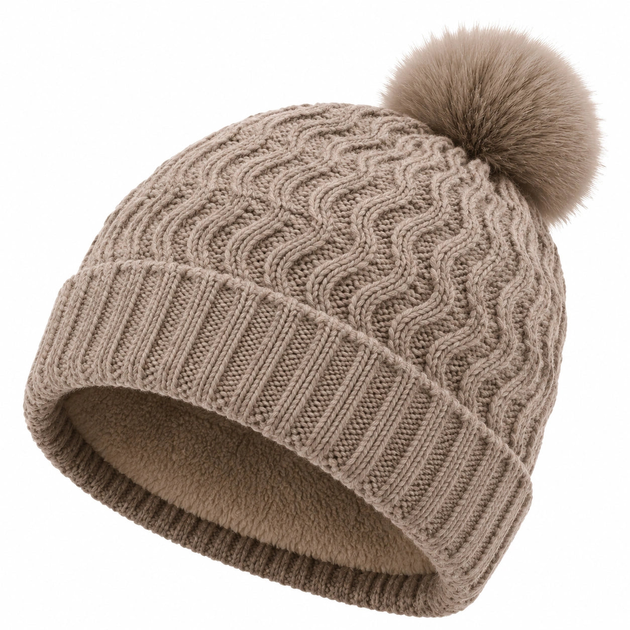 Bonnet taille unique en maille beige doublé polaire avec pompon style torsadé