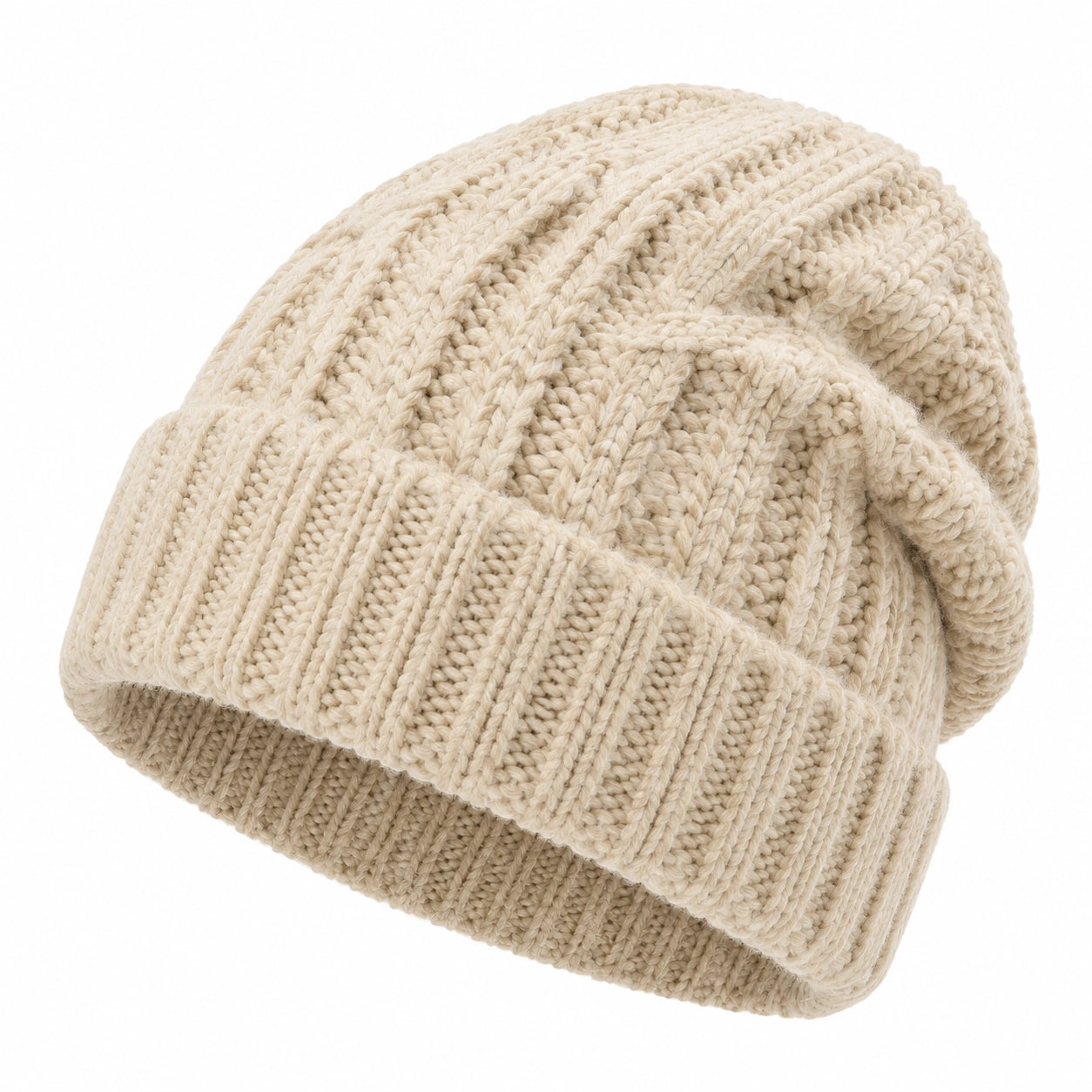 Bonnet taille unique beige en maille côtelée à revers pour adulte