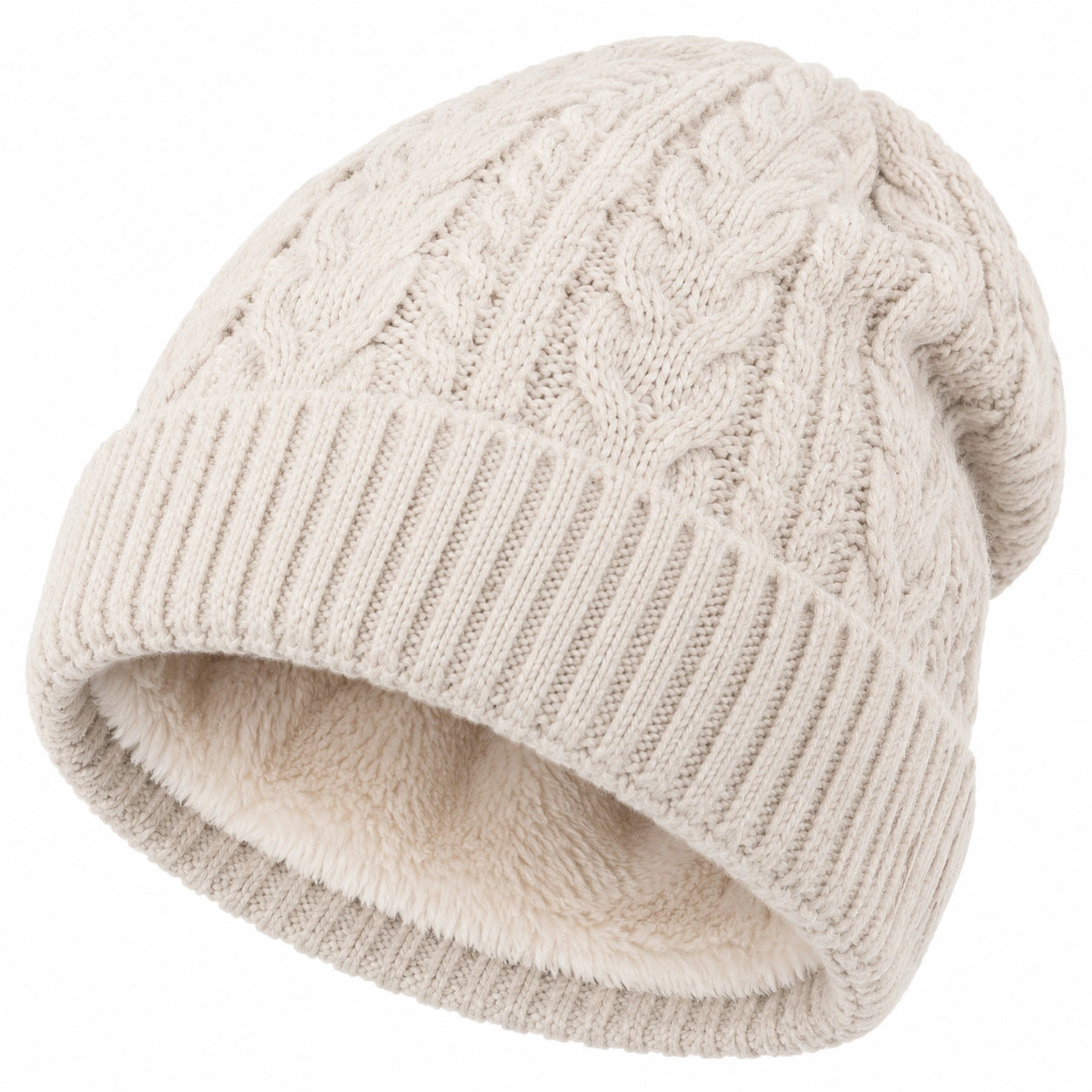 Bonnet taille unique en maille écru doublé style torsadé pour hiver
