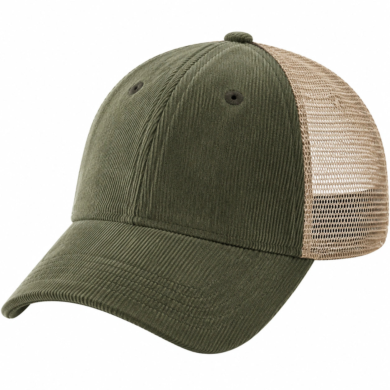 Casquette taille unique en tissu côtelé kaki et maille beige - style camionneur réglable