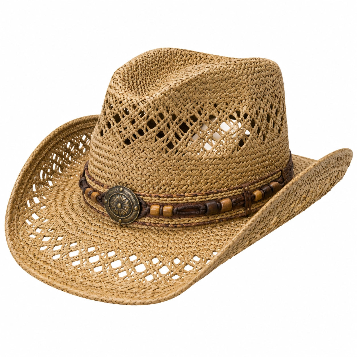 Chapeau cowboy taille unique en fibres végétales beige avec bandeau brun style western