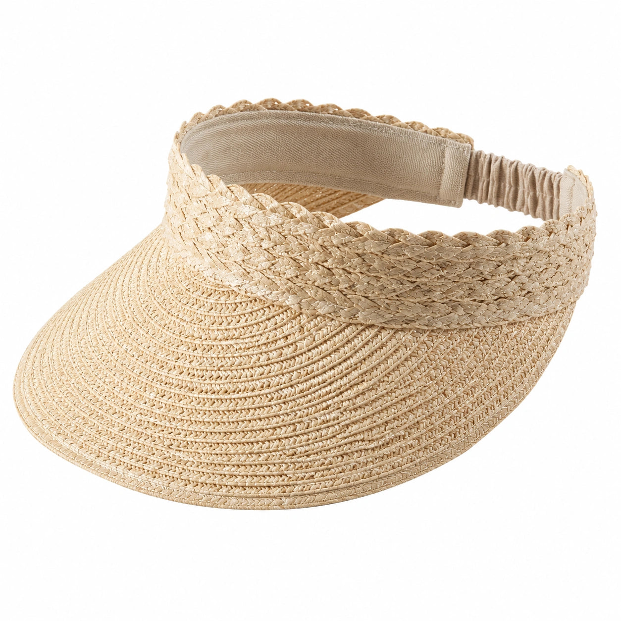 Visière taille unique en fibres tressées beige avec bande élastique ajustable